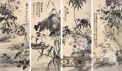 陆恢 花鸟 立轴 93×39cm×4